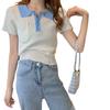 Estilo Transfronteiriço Estilo Verão Ajuste Slim Exterior Top Curto Cor Contrastante Gola Polo Tricô de Manga Curta para Mulheres