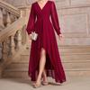 Nuevo vestido de gasa elegante y ajustado de manga larga con falda irregular y escote en V de estilo europeo y americano de color sólido