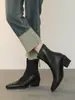 Versão em Pele de Ovelha~ Botas de Cano Curto Stretch Pretas de Salto Alto para o Dia a Dia, Botas Curtas Retro Macias com Salto Grosso para Outono e Inverno, Botas de Corte Ajustado