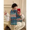 Bufanda Tejida Jacquard Rayada Estilo Fair Isle Azul para Mujer Invierno Estudiante Coreana Engrosada Cálida para el Cuello Moderna