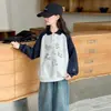 Moletom Feminino 2025 Nova Moda Primavera e Outono Casual para Crianças Maiores, Camiseta Base Color-Blocking com Estampa de Cachorro de Outono