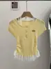 Playera de Punto de Manga Corta con Cuello Halter y Encaje para Mujer, Diseño de Verano 2025, Top Delgado y Versátil