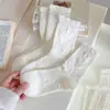 Calcetines blancos con volantes de encaje para mujer, longitud hasta la mitad de la pantorrilla, estilo ballet, transpirables, absorbentes del sudor, borde de burbuja, estilo primavera y otoño, calcetines para niñas