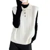 Colete de suéter gola polo estilo coreano 100% lã pura, colete de tricô, top sem mangas para sobrepor para mulheres