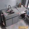 Combinação de Gabinete Integrado para Máquina de Lavar de Varanda em Alumínio Espacial com Máquina de Lavar de Tambor, Lavatório, Pia de Lavanderia e Tábua de Lavar