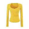 Estilo puramente desejável, decote grande em formato de coração, acinturado, camiseta de manga longa, nova moda outono, versátil, corte justo, top base de cor sólida