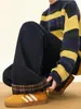 Pantalones de Chándal Gruesos de Polar para Hombres y Mujeres, Pantalones de Lana a Cuadros Patchwork Estilo Americano de Invierno, Pantalones Largos Sueltos Versátiles de Moda