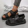 Sandalias Romanas de Tela Vaquera Gruesas con Velcro de Talla Grande para Verano 2025 Nuevas Sandalias Romanas Transfronterizas Europeas y Americanas para Mujer