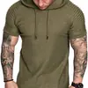 Nueva Camiseta con Capucha Arrugada de Color Sólido Moda Casual Camiseta Deportiva Casual de Manga Corta para Hombre