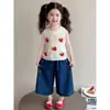 Conjunto de Verano Estilo Pastoral de Fresa para Niñas, Nuevo Chaleco de Punto Calado de Verano y Pantalones Rectos