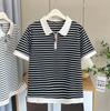 Camisa Polo Feminina Plus Size Verão Nova 100,00kg Irmã Gordinha Casual Retrô Meio Colarinho Aberto Listrada Manga Curta 7246