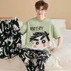 Pijama masculino estiloso e bonito de manga curta 100% algodão, conjunto fino de gola redonda, roupa de casa casual de corte solto, novo modelo de verão 2026