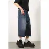 Pantalones capri de mezclilla azul oscuro de 7 puntos, de color liso y a la moda para niños, de verano, holgados, de pierna ancha y rectos, con combinación de todo.