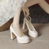 Zapatos Blancos de Tacón Alto para Mujeres Pequeñas, Tacones Gruesos que No Cansan los Pies, Cuero Patentado Anfitrión Modelo de Show de Coches Zapatos de Plataforma Impermeables de Tacón Super Alto