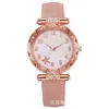 Relógio de Pulso Feminino de Quartzo Mostrador com Diamantes Cor Ouro Rosa Pulseira de Couro, Popular no Comércio Exterior, Nicho de Luxo Leve para Mulheres
