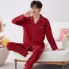 Pijama 100% Algodón Cárdigan Solapa Hombre Talla Grande Rojo Nuevo Pantalón Manga Larga Dos Piezas Ropa de Casa Talla Extra