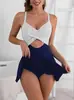 Traje de Baño Bikini Entero con Falda Estilo Europeo y Americano 2026 Transfronterizo Amazon Color Sólido Bloqueo de Color Tankini Traje de Baño para Aguas Termales para Mujeres