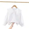 Camisa Branca de Algodão Puro para Meninas 2026 Nova Coleção Primavera e Outono Roupas Infantis Camisa Branca com Gola Boneca para 4-10 Anos