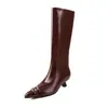 Botas de Caballero de Cuero de Vaca para Mujer Botas Altas Invierno Nuevo Estilo Piel Genuina Punta Fina Tacón de Aguja Tacón Medio Botas hasta la Rodilla Botas Rectas para Mujer