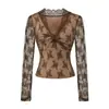 Camiseta Pure Desire Sexy de Renda Floral com Decote V e Nó Manga Longa 25 Outono/Inverno Nova Doce e Picante Afunilamento na Cintura Top Básico