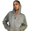 Chaqueta corta retro estilo americano con estampado de leopardo, sudadera con cremallera, corte ajustado para mujer, entallada a la cintura, chaqueta corta casual americana, al por mayor