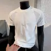 Camiseta Patchwork de Renda com Gola Pequena de Manga Curta Masculina de Verão Fina de Seda Gelada Respirável para Esportes Fitness Manga Meia-Manga Ombro Direito