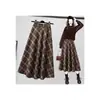 Saia midi xadrez de primavera e verão para mulheres, estilo retrô novo, plus size, evasê, rodada, cintura alta, modeladora, saia longa da moda