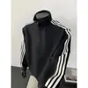 Moletom cardigã masculino clássico de três listras, estilo colegial retrô, modelagem solta, gola alta, peça externa esportiva, jaqueta casual para o dia a dia