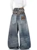 Comercio Electrónico Transfronterizo Estilo Europeo y Americano High Street Estampado de Leopardo Impreso en 3D Cinturilla Doble Jeans Cimitarra Unisex de Diseñador Pantalones de Pierna Ancha