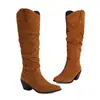 Botas cuadradas para mujer, tallas 34-48, botas altas de comercio exterior para otoño e invierno, color liso, punta fina, slip-on, versátiles, botas de montar para mujer