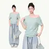 Camiseta Manga Curta Assimétrica com Gola Assimétrica, Estampa de Letras e Strass, Falsa Duas Peças, Estilo Coreano, Verde, para Mulheres, Novo Top Solto de Verão Off-Shoulder Relaxado
