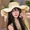 Sombrero de paja con ala ancha y tiras para mujer, estilo coreano, transpirable, para verano, playa, vacaciones, pescador