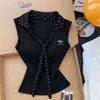 Camisa de Capa con Cuello Polo Patchwork de Lunares Blancos para Mujer, Top Camiseta de Manga Larga Corta Ajustada para Otoño