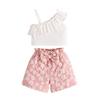 Conjunto de Verão para Meninas Estilo Coreano Doce Top de Um Ombro Franzido com Shorts de Flor 3D Conjunto de Duas Peças Roupas Infantis