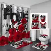 Cortina de Ducha y Juego de Alfombrilla de Baño San Valentín Transfronterizo, Juego de Cuatro Piezas Impermeable de Secado Rápido para Baño con Decoración de Patrón de Rosa