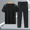 8307-2 Verano Hombres Seda de Hielo Transpirable que Absorbe la Humedad Conjunto de Pantalones Largos Casual Deportivo Cuello Redondo Moda de Alta Calidad Secado Rápido