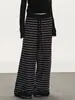 Calça casual listrada para mulheres, versátil para outono e inverno, modelagem solta, perna larga, corte reto, preta, com cordão, calça longa de tricô