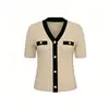 Top de Malha Curto com Mangas Curtas, Decote V Color Block Estilo Francês Personalizado Inspirado na Chanel para Mulheres, Suéter Pulôver Fino de Verão da Fábrica de Origem