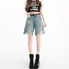 Shorts Jeans Rasgado Estilo Americano para Mulheres, Estilo Fino de Verão, Novo 2026 Cintura Alta Solto Reto Perna Larga Comprimento Médio