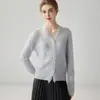 Diseño bordado de encaje, cárdigan de punto 100% cachemir puro, cuello en V para mujer, corte holgado, efecto adelgazante, perfecto como capa exterior o top