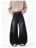 Jeans negros de diseño retro americano con orejas de gato para hombre y mujer, elegantes y desgastados, pantalones casuales anchos de calle
