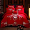 Bordado de algodón de alta gama 140 rojo boda juego de cuatro piezas dote dragón y fénix categoría de cama de algodón al por mayor