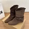 Botines nuevos de tacón grueso plisado, tacón alto 2026 otoño, botas versátiles para mujer con aumento interno de altura, color marrón de moda