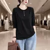 Camiseta de Manga Longa para Mulheres 2024 Primavera e Outono Nova Cor Lisa Camisa Básica Gola Redonda Botão Versátil Visual Emagrecedor Top