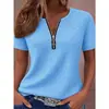 Camiseta de Manga Corta con Media Cremallera Estilo Europeo y Americano Waffle Cuello Redondo Cuello en V Holgada Casual Top Diseño de Verano Ropa para Mujer