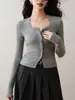 Cardigan Tricotado Gola Quadrada de Renda Estilo Francês 2025 Nova Coleção Primavera Top Curto Elegante Slim Fit Emagrecedor para Mulheres