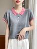 Playera de Manga Corta con Cuello Polo a Bloques de Color para Mujer, Tejido de Seda de Hielo, Estilo Occidental, Rejuvenecedora, Camiseta de Color Contrastante, Top Holgado, Estilo Delgado de Verano, Verano