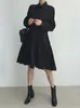 Tallas actualizadas: Vestido camisero de estilo francés chic coreano con hombros descubiertos, mangas abullonadas y dobladillo amplio, con chaleco de punto