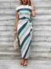Vestido Largo Rayado de Cuello Redondo y Manga Corta con Cinturón Estilo Elegante Transfronterizo Vestido de Verano para Mujer