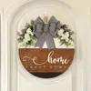 Cartel de Bienvenida a Casa de Madera Popular Transfronterizo con Lazo Rayado Cartel para Puerta Colgante para Exteriores Decoración de Flores Blancas de Primavera